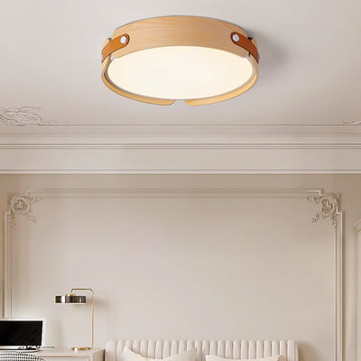 Contemporary Nordic Round Wooden Edge LED Flush Mount Ceiling Light For Bedroom