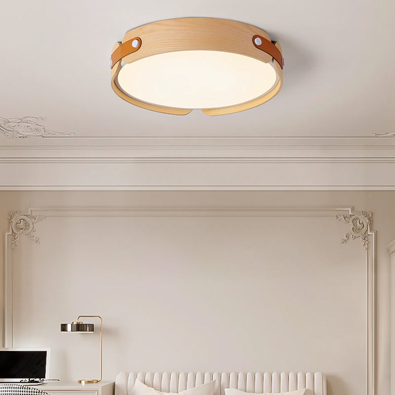 Contemporary Nordic Round Wooden Edge LED Flush Mount Ceiling Light For Bedroom