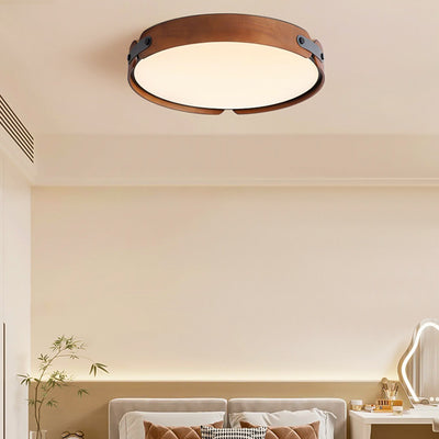 Contemporary Nordic Round Wooden Edge LED Flush Mount Ceiling Light For Bedroom