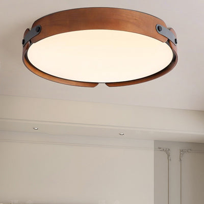 Contemporary Nordic Round Wooden Edge LED Flush Mount Ceiling Light For Bedroom