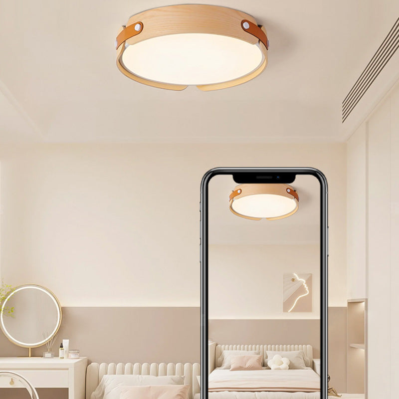 Contemporary Nordic Round Wooden Edge LED Flush Mount Ceiling Light For Bedroom
