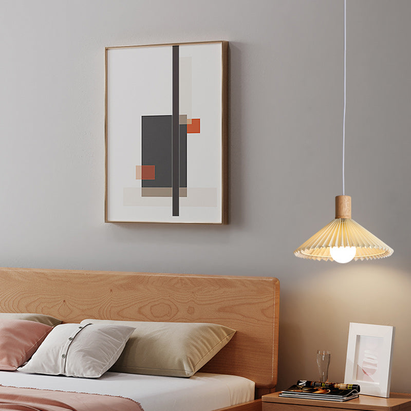 Suspension lumineuse contemporaine en bois et tissu de style bohème avec forme de parapluie à 1 lumière pour salle à manger 