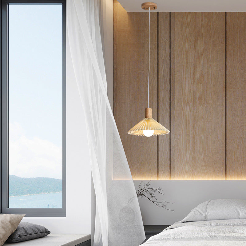 Suspension lumineuse contemporaine en bois et tissu de style bohème avec forme de parapluie à 1 lumière pour salle à manger 