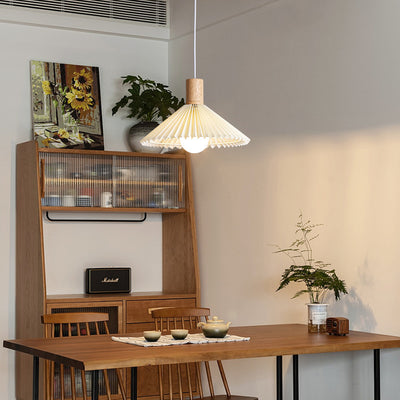Suspension lumineuse contemporaine en bois et tissu de style bohème avec forme de parapluie à 1 lumière pour salle à manger 