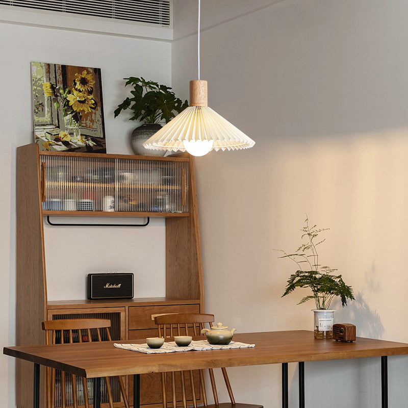 Suspension lumineuse contemporaine en bois et tissu de style bohème avec forme de parapluie à 1 lumière pour salle à manger 
