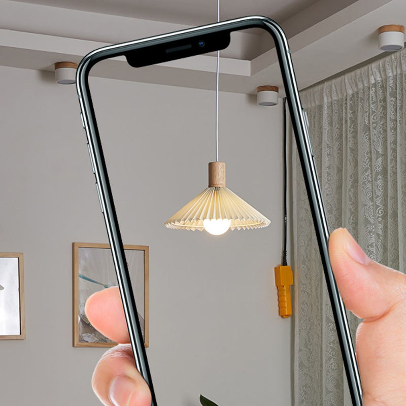 Suspension lumineuse contemporaine en bois et tissu de style bohème avec forme de parapluie à 1 lumière pour salle à manger 