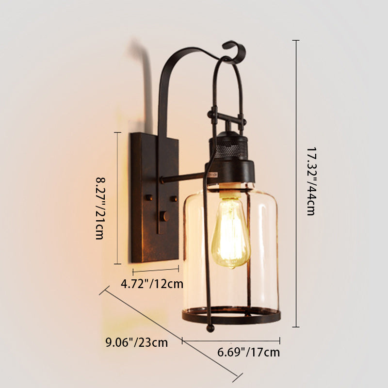 Traditionelle koloniale Kesselform Eisen Glas 1-Licht Wandleuchte für Wohnzimmer 