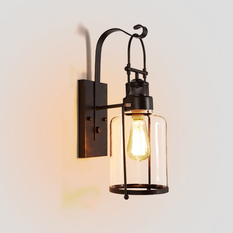 Traditionelle koloniale Kesselform Eisen Glas 1-Licht Wandleuchte für Wohnzimmer 