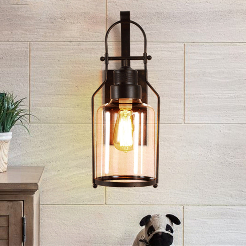 Traditionelle koloniale Kesselform Eisen Glas 1-Licht Wandleuchte für Wohnzimmer 