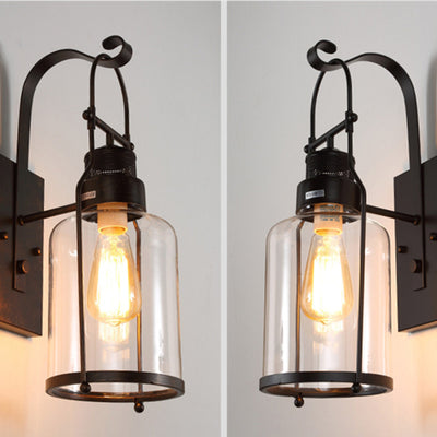 Traditionelle koloniale Kesselform Eisen Glas 1-Licht Wandleuchte für Wohnzimmer 