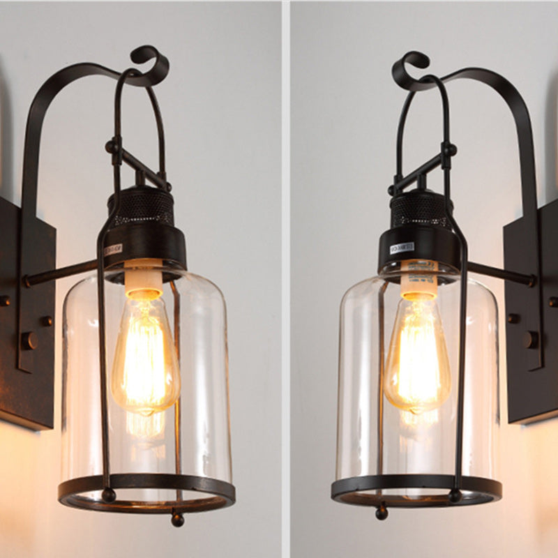 Traditionelle koloniale Kesselform Eisen Glas 1-Licht Wandleuchte für Wohnzimmer 