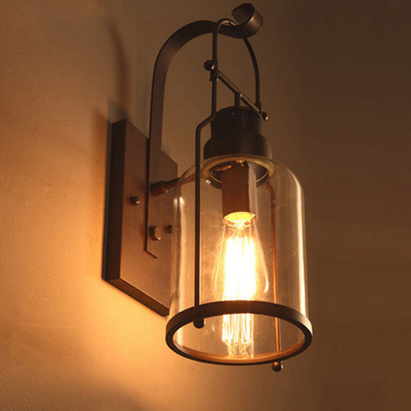 Traditionelle koloniale Kesselform Eisen Glas 1-Licht Wandleuchte für Wohnzimmer 