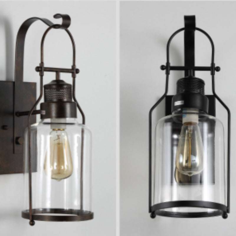 Traditionelle koloniale Kesselform Eisen Glas 1-Licht Wandleuchte für Wohnzimmer 