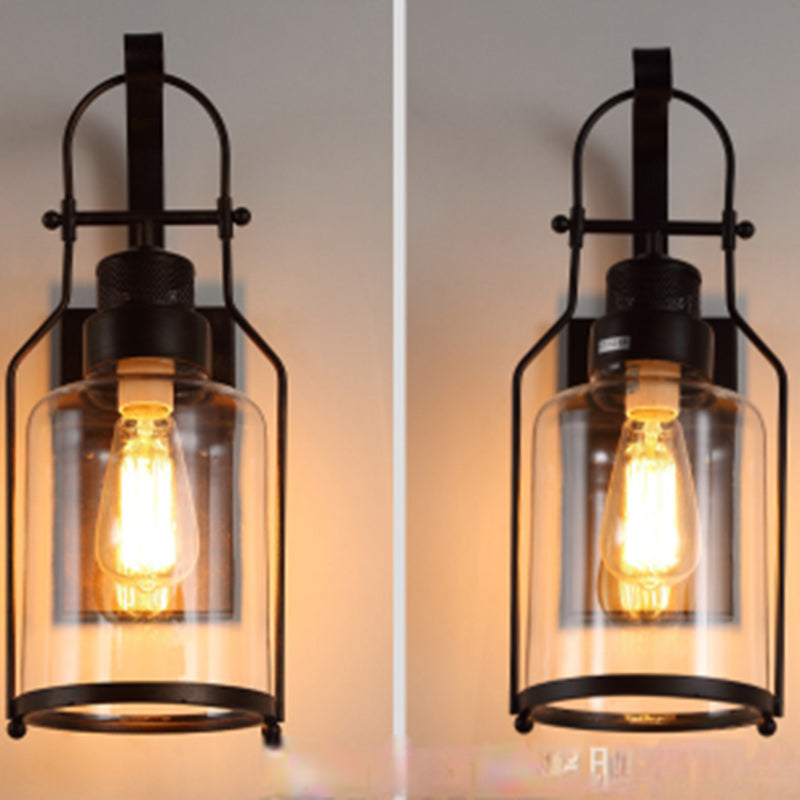 Traditionelle koloniale Kesselform Eisen Glas 1-Licht Wandleuchte für Wohnzimmer 