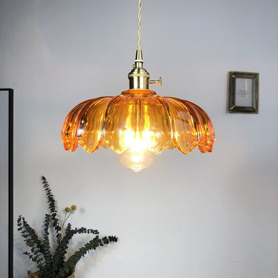 Fleurs Rétro Contemporaines Verre Cuivre Suspension Luminaire 1 Lumière Pour Salon 
