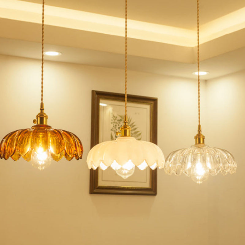 Fleurs Rétro Contemporaines Verre Cuivre Suspension Luminaire 1 Lumière Pour Salon 