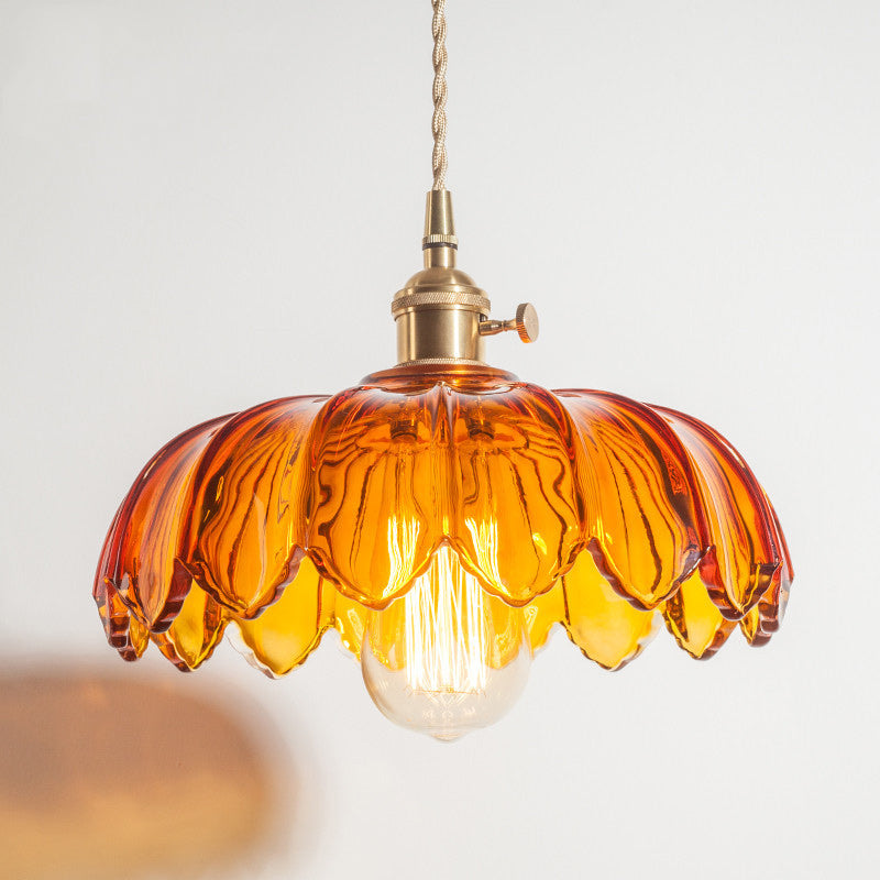 Fleurs Rétro Contemporaines Verre Cuivre Suspension Luminaire 1 Lumière Pour Salon 