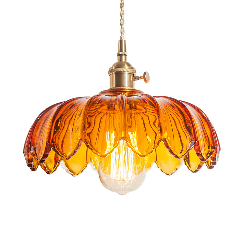 Fleurs Rétro Contemporaines Verre Cuivre Suspension Luminaire 1 Lumière Pour Salon 