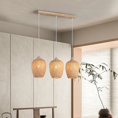 Contemporary Boho Bamboo Weaving Wood Lantern Shape 1/3- Light Pendant Light For Dining Room