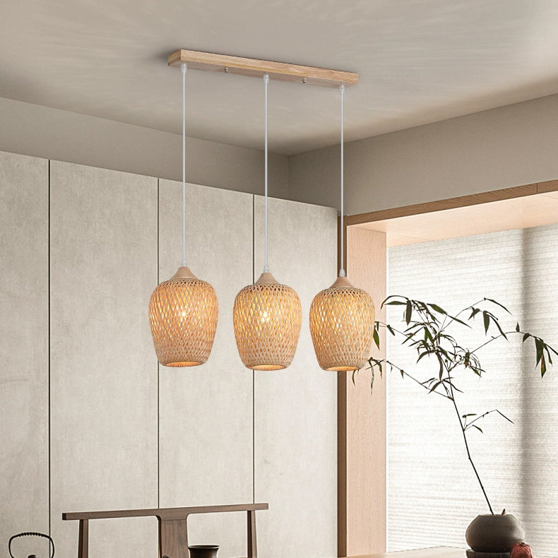 Contemporary Boho Bamboo Weaving Wood Lantern Shape 1/3- Light Pendant Light For Dining Room