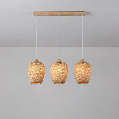 Contemporary Boho Bamboo Weaving Wood Lantern Shape 1/3- Light Pendant Light For Dining Room