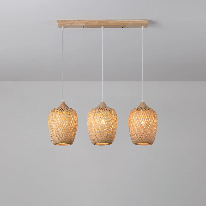 Contemporary Boho Bamboo Weaving Wood Lantern Shape 1/3- Light Pendant Light For Dining Room