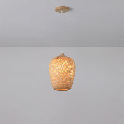 Contemporary Boho Bamboo Weaving Wood Lantern Shape 1/3- Light Pendant Light For Dining Room