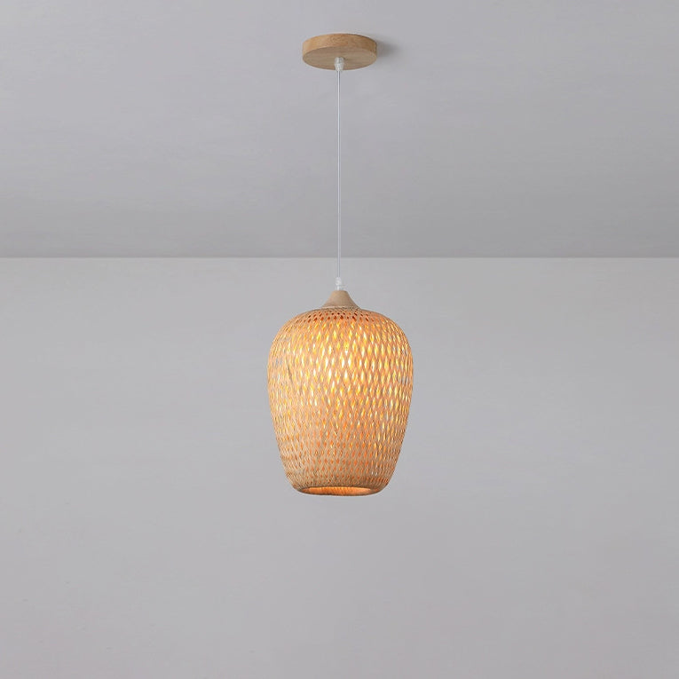 Contemporary Boho Bamboo Weaving Wood Lantern Shape 1/3- Light Pendant Light For Dining Room