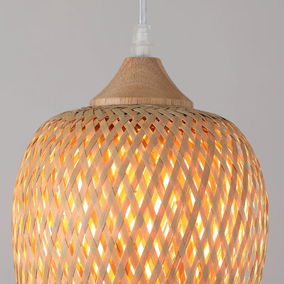 Contemporary Boho Bamboo Weaving Wood Lantern Shape 1/3- Light Pendant Light For Dining Room