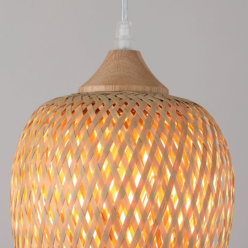 Contemporary Boho Bamboo Weaving Wood Lantern Shape 1/3- Light Pendant Light For Dining Room