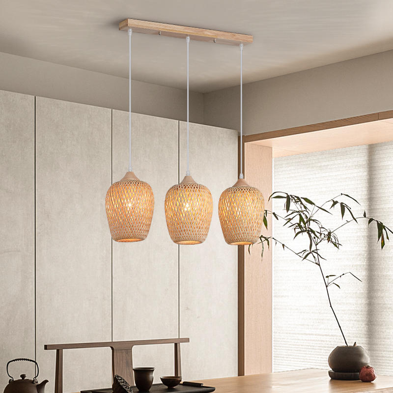 Contemporary Boho Bamboo Weaving Wood Lantern Shape 1/3- Light Pendant Light For Dining Room
