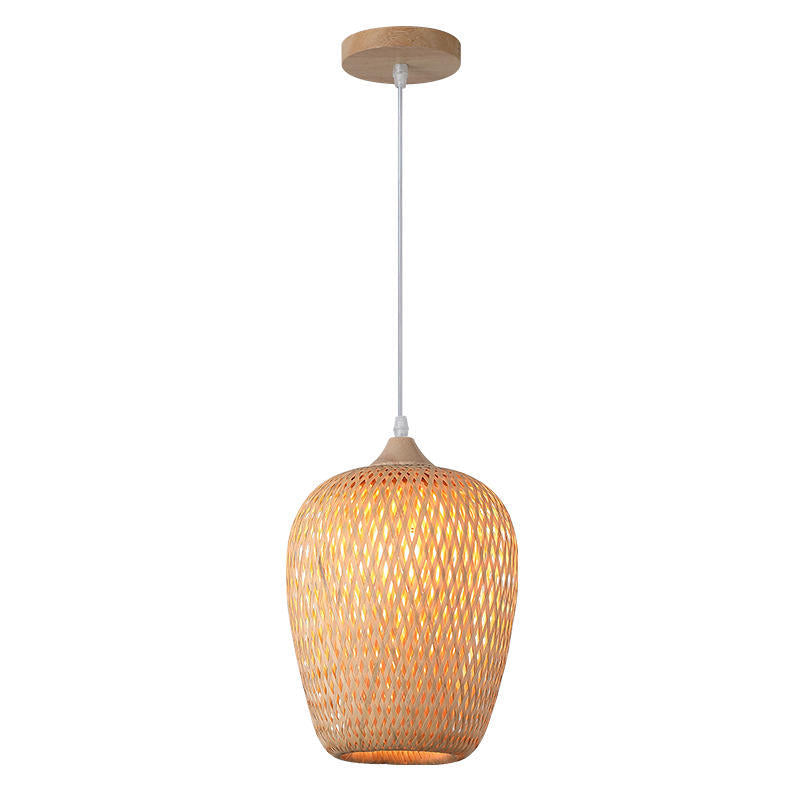 Contemporary Boho Bamboo Weaving Wood Lantern Shape 1/3- Light Pendant Light For Dining Room