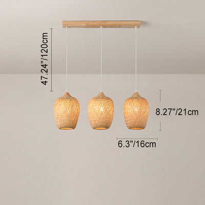 Contemporary Boho Bamboo Weaving Wood Lantern Shape 1/3- Light Pendant Light For Dining Room