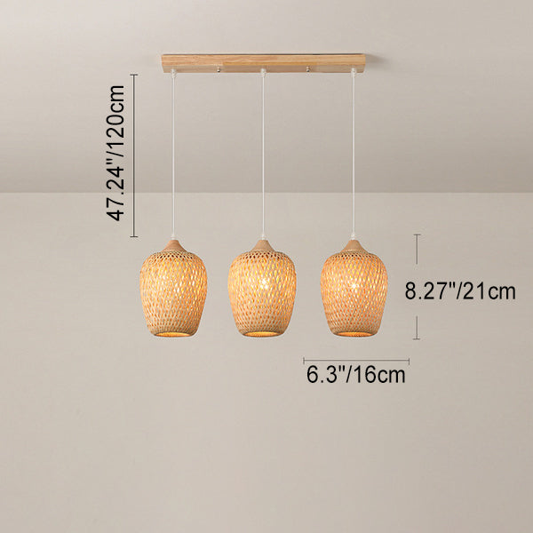 Contemporary Boho Bamboo Weaving Wood Lantern Shape 1/3- Light Pendant Light For Dining Room