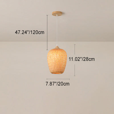 Contemporary Boho Bamboo Weaving Wood Lantern Shape 1/3- Light Pendant Light For Dining Room