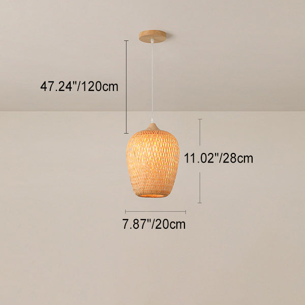 Contemporary Boho Bamboo Weaving Wood Lantern Shape 1/3- Light Pendant Light For Dining Room