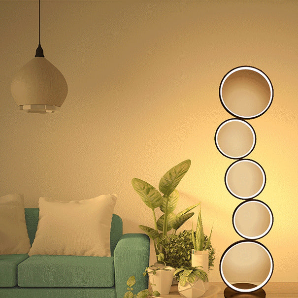 Lampadaire à LED en aluminium et fer créatif contemporain à cinq cercles pour salon 