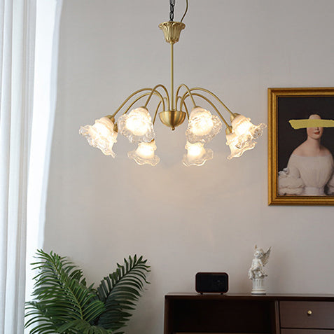 Lámpara de Araña de Vidrio de Cobre Contemporánea Retro Morning Glory de 5/6/8 Luces para Sala de Estar 