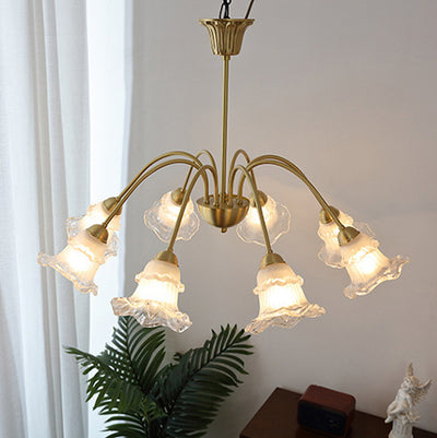 Lámpara de Araña de Vidrio de Cobre Contemporánea Retro Morning Glory de 5/6/8 Luces para Sala de Estar 