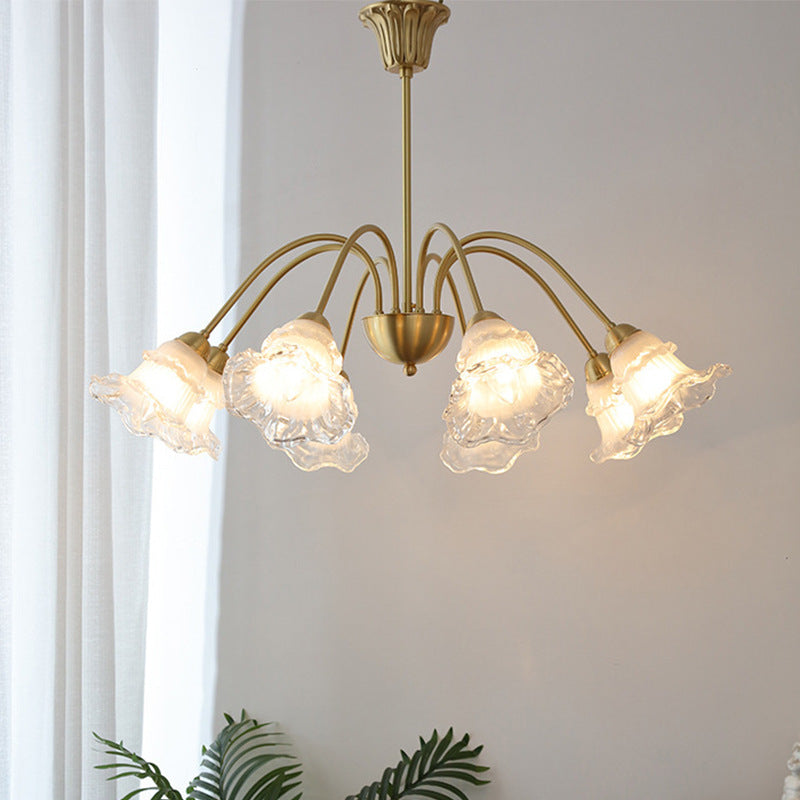 Lámpara de Araña de Vidrio de Cobre Contemporánea Retro Morning Glory de 5/6/8 Luces para Sala de Estar 