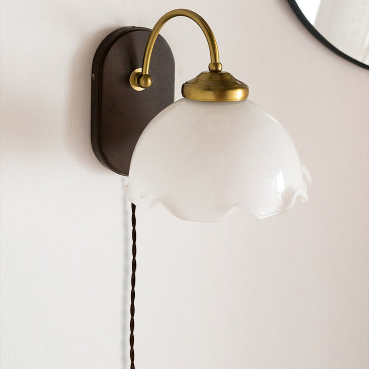 Contemporary Retro Round Glass Wood 1-Light Wall Sconce Lamp For Bedroom