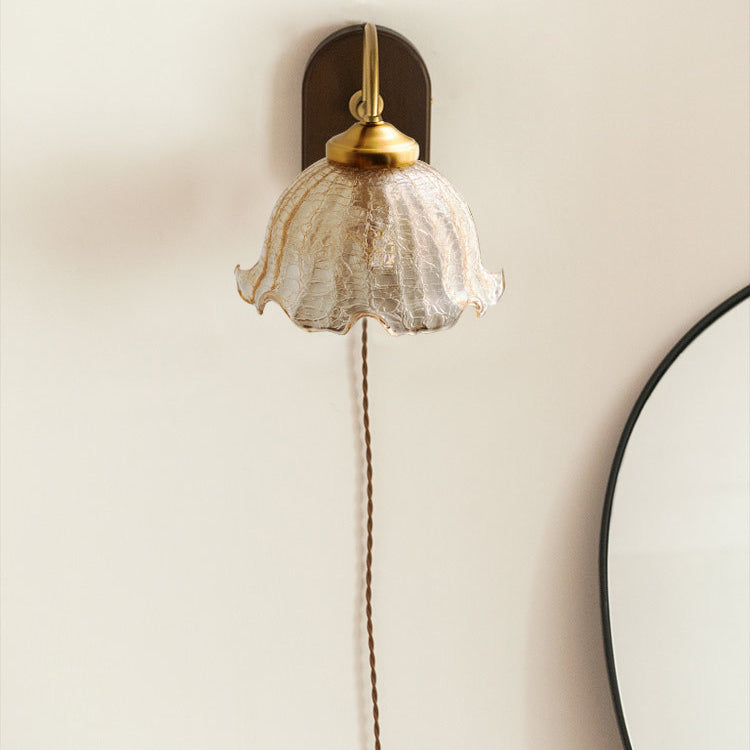 Contemporary Retro Round Glass Wood 1-Light Wall Sconce Lamp For Bedroom