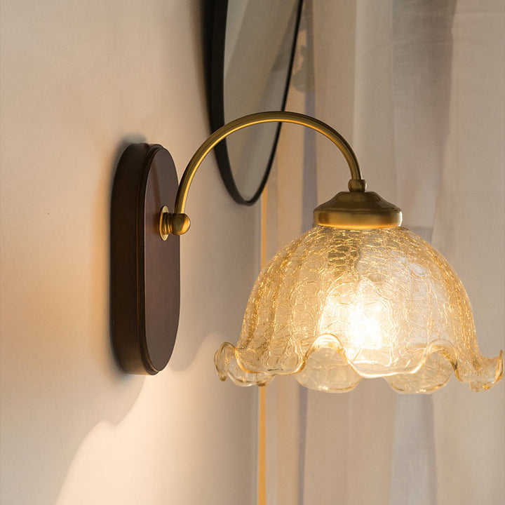 Contemporary Retro Round Glass Wood 1-Light Wall Sconce Lamp For Bedroom