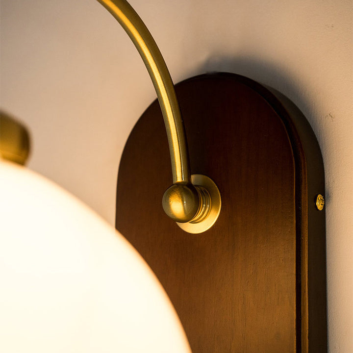 Contemporary Retro Round Glass Wood 1-Light Wall Sconce Lamp For Bedroom
