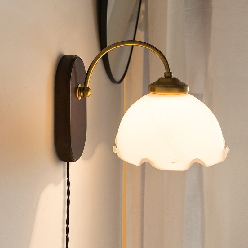 Contemporary Retro Round Glass Wood 1-Light Wall Sconce Lamp For Bedroom