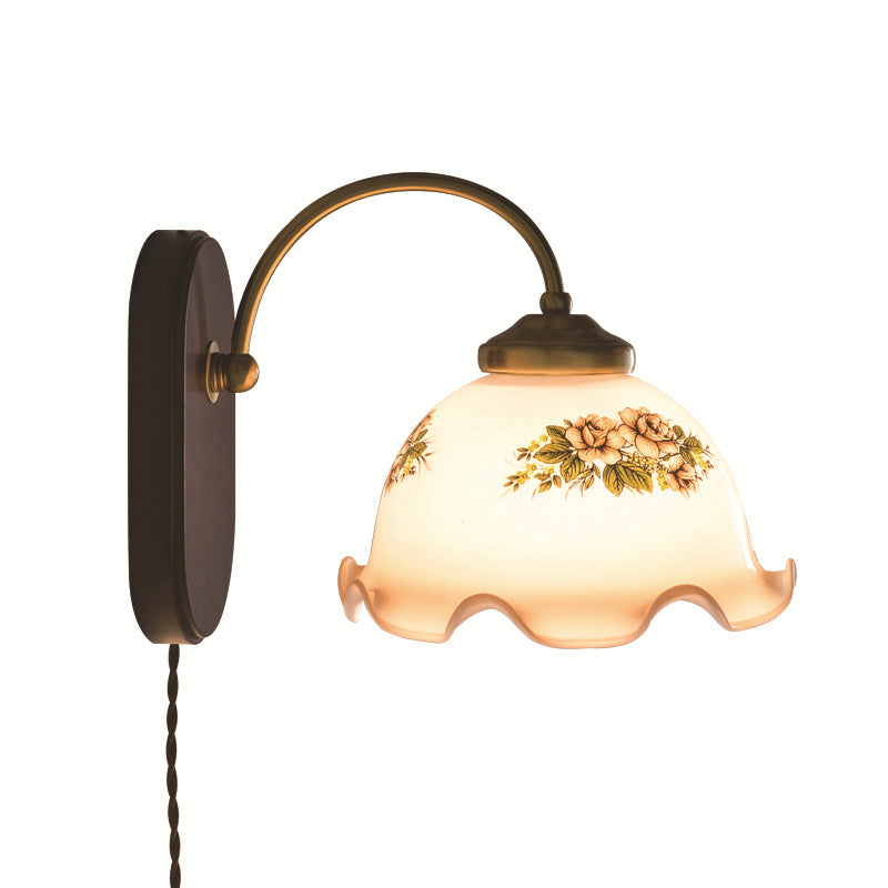 Contemporary Retro Round Glass Wood 1-Light Wall Sconce Lamp For Bedroom