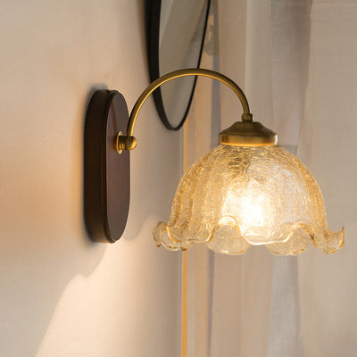Contemporary Retro Round Glass Wood 1-Light Wall Sconce Lamp For Bedroom