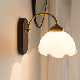 Contemporary Retro Round Glass Wood 1-Light Wall Sconce Lamp For Bedroom