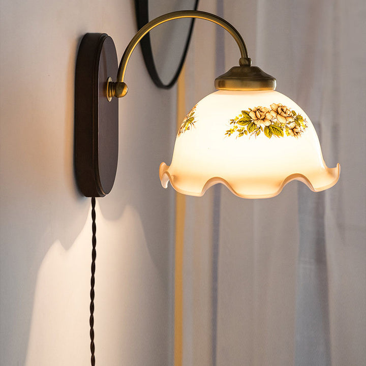 Contemporary Retro Round Glass Wood 1-Light Wall Sconce Lamp For Bedroom