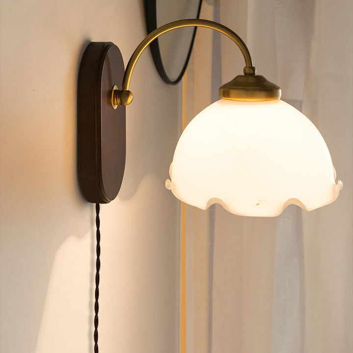 Contemporary Retro Round Glass Wood 1-Light Wall Sconce Lamp For Bedroom